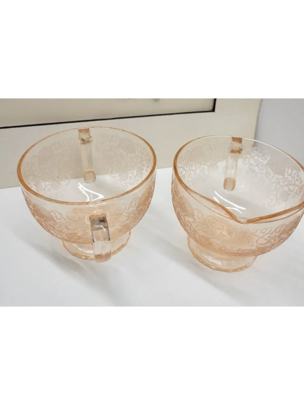 Hazel Atlas Florentine Pink Creamer & Sugar Flat Rim Depression Glass Vintage